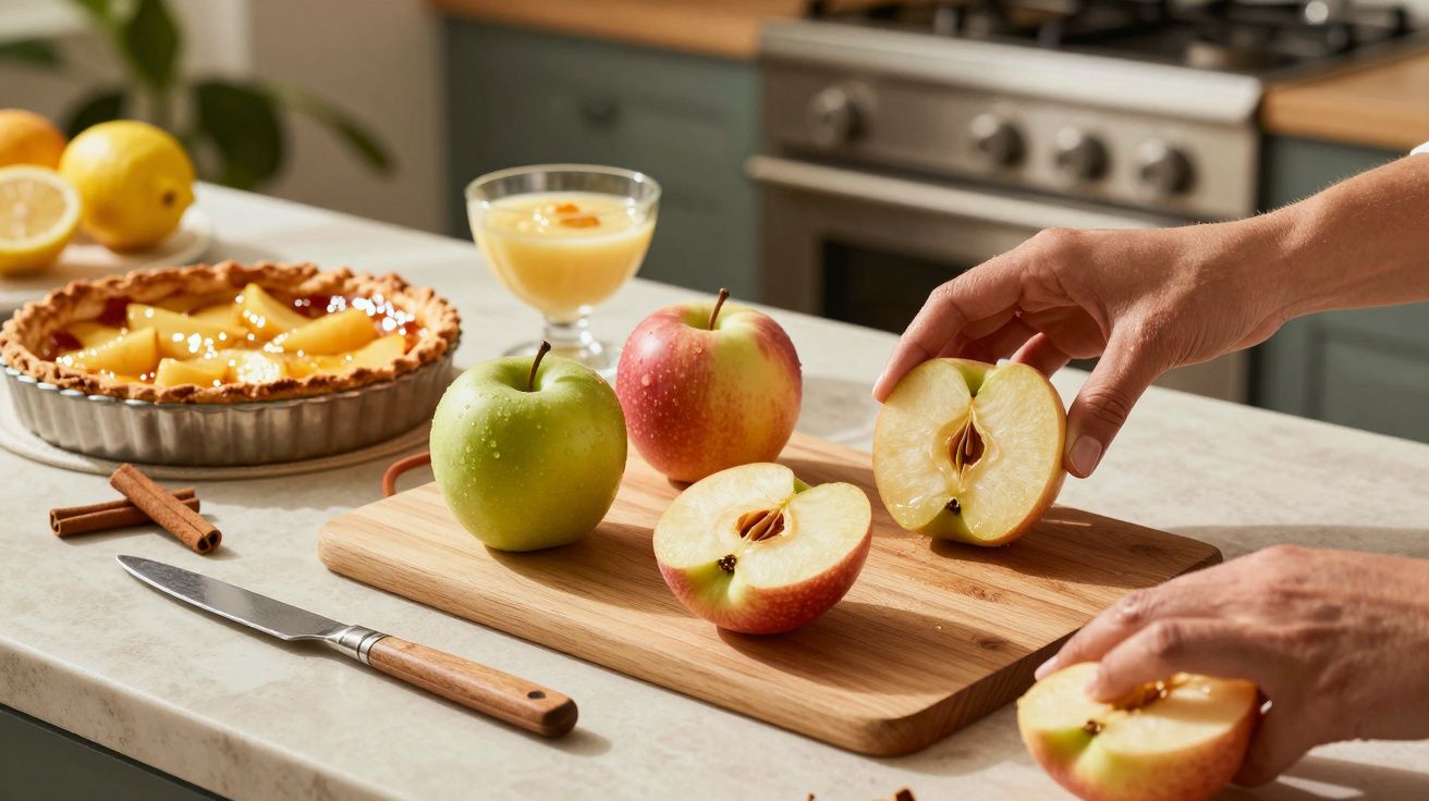 Mão a cortar maçã sobre tábua na cozinha, com bolo e bebida ao fundo.