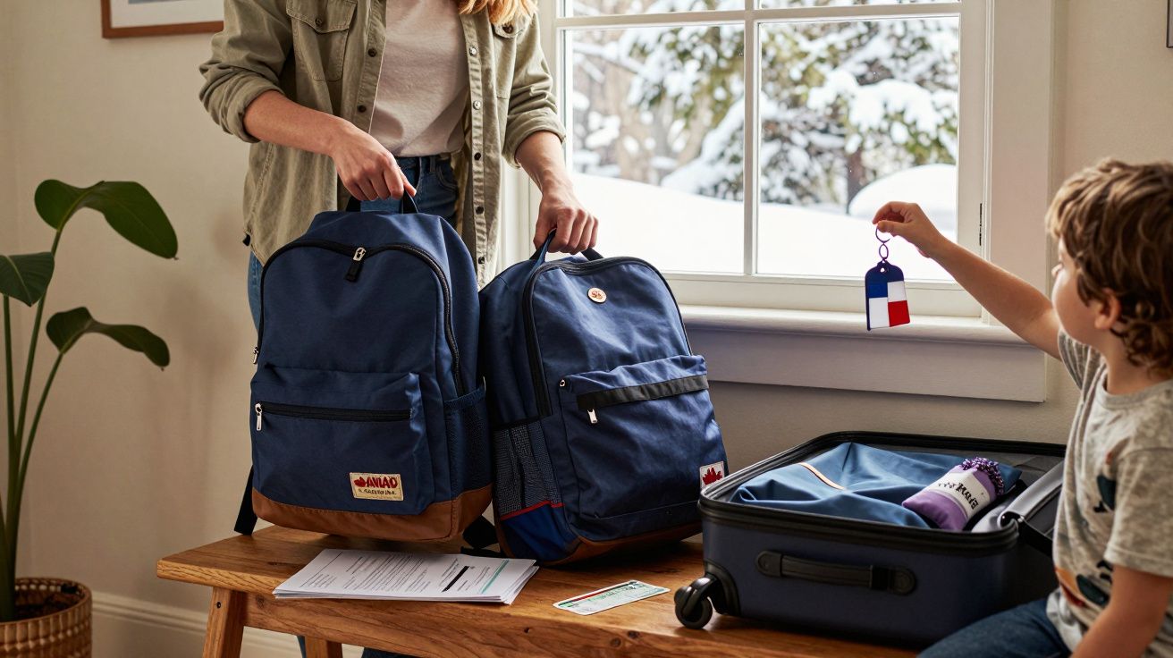 Mulher e criança a preparar mochilas e mala junto a janela com neve ao fundo.
