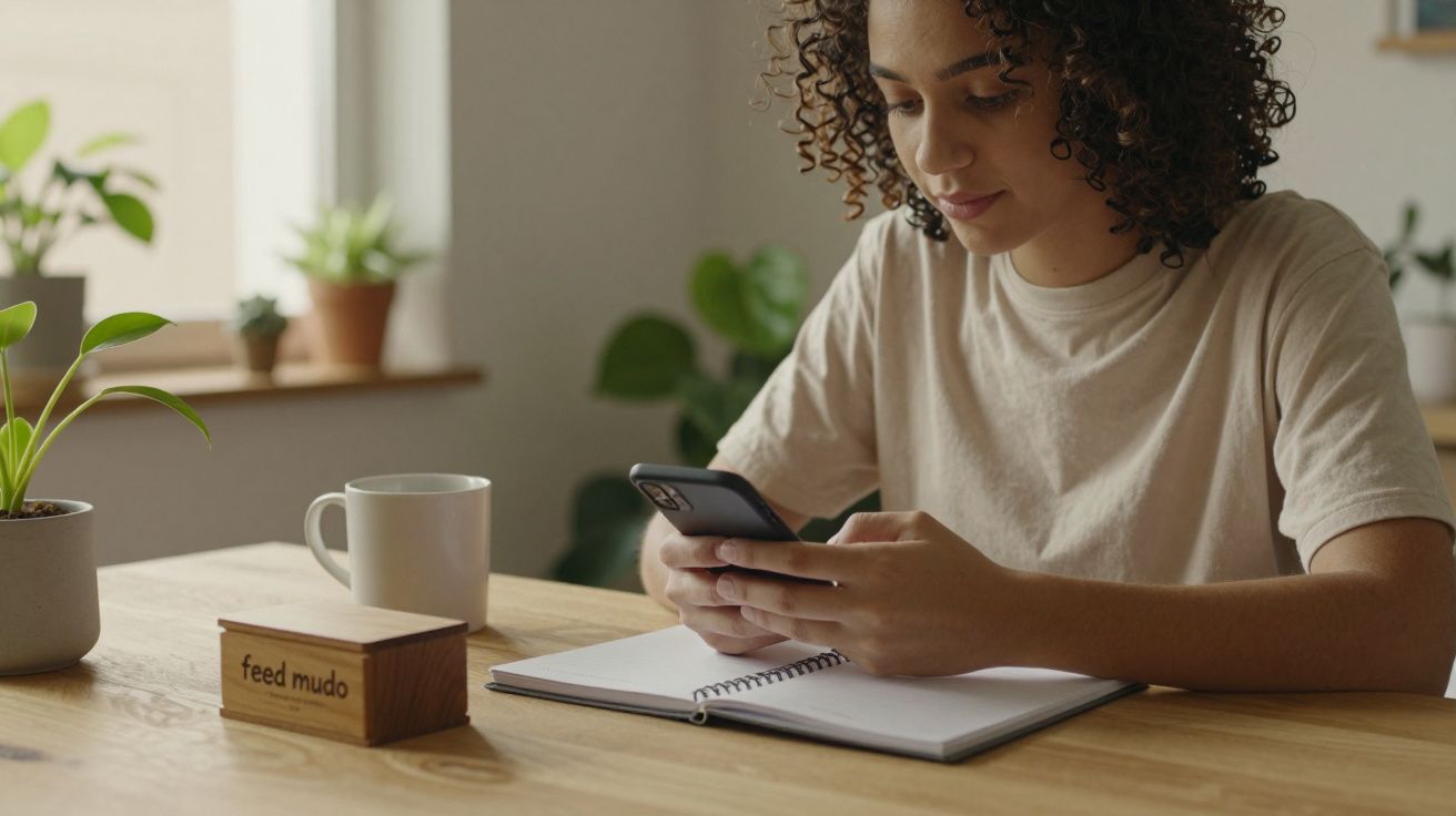 Mulher sentada à mesa usa telemóvel com caderno aberto; plantas e uma caneca na mesa.