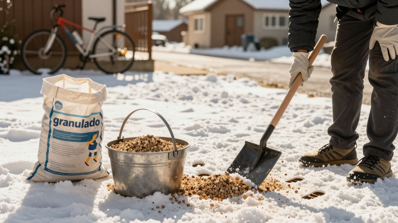 Pessoa espalha granulado na neve com uma pá; balde e saco de granulado ao lado, bicicleta e casas ao fundo.