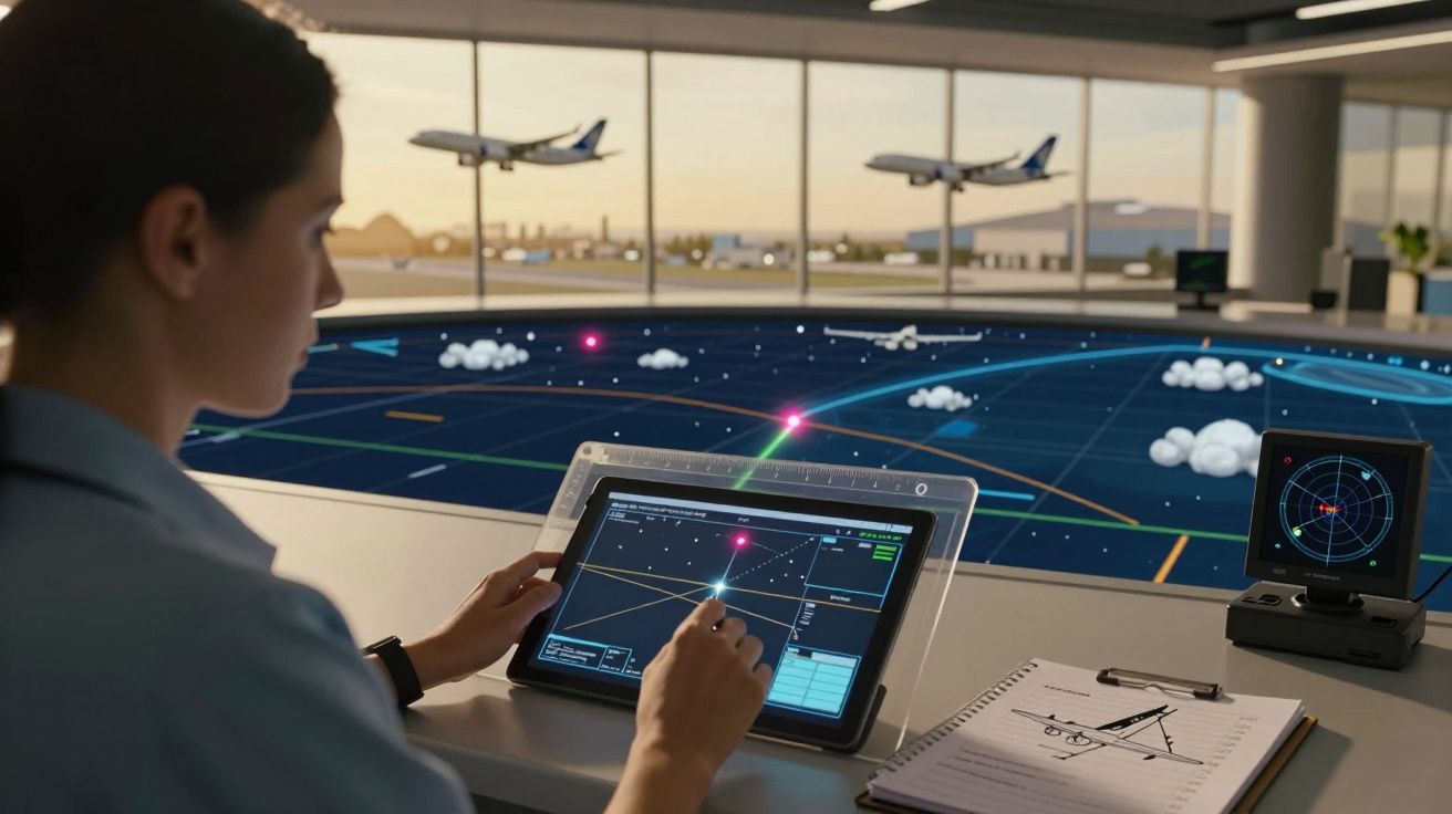 Controladora aérea monitoriza tráfego com tablet em torre de controlo, aviões em voo no fundo.
