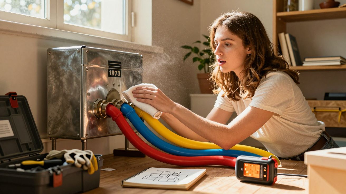 Mulher ajusta tubos coloridos ligados a caixa metálica, com ferramentas e bloco de notas ao lado.