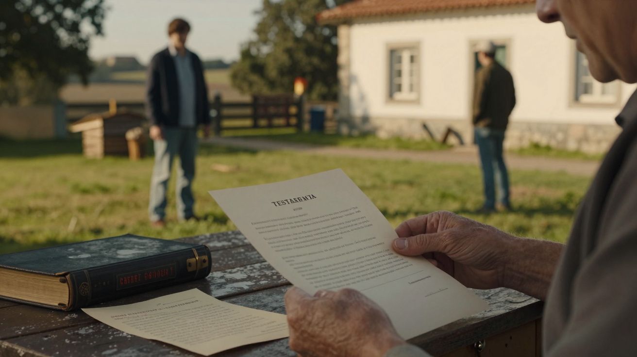 Pessoa segura testamento ao ar livre, com duas figuras ao fundo perto de casa rural, livro antigo sobre a mesa.