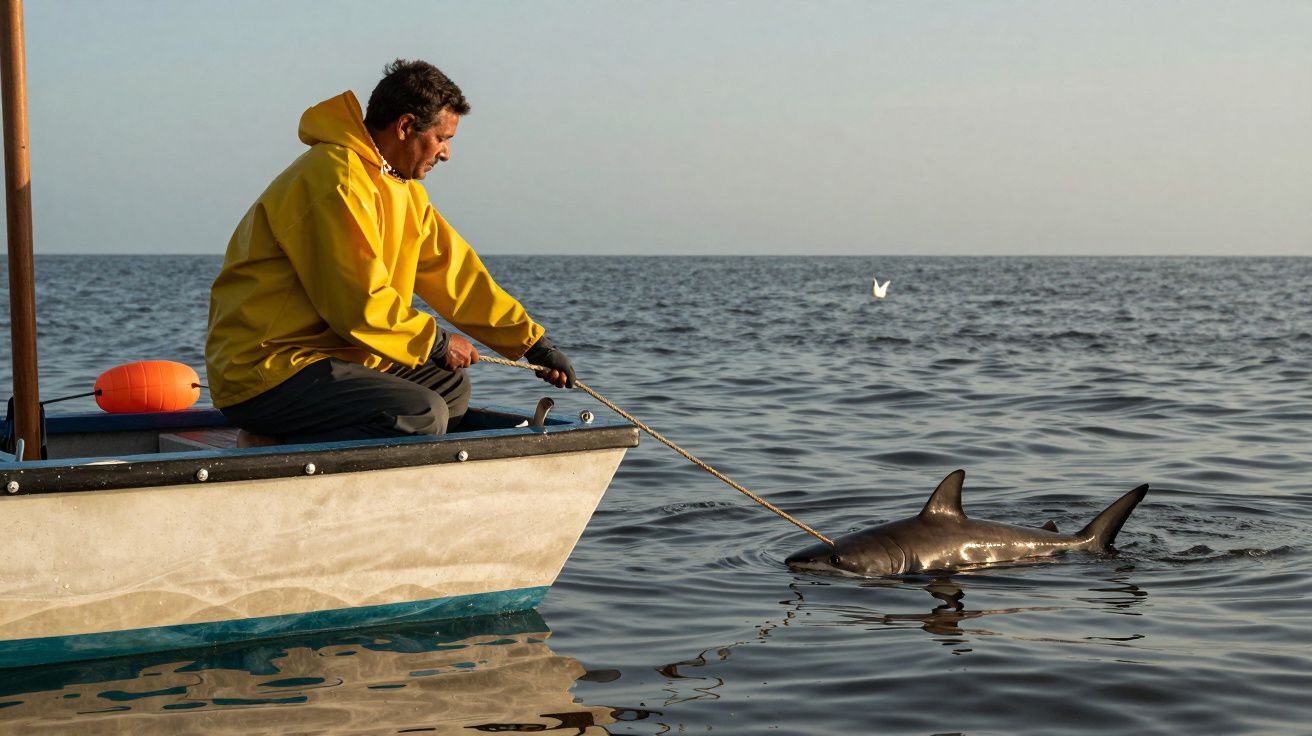 Homem de amarelo num barco interage com golfinho na água, segurando uma vara. Mar calmo ao pôr do sol.