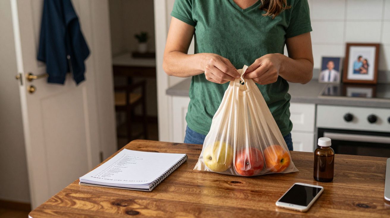 Mulher com saco de frutas na cozinha; mesa com telemóvel, caderno e frasco.