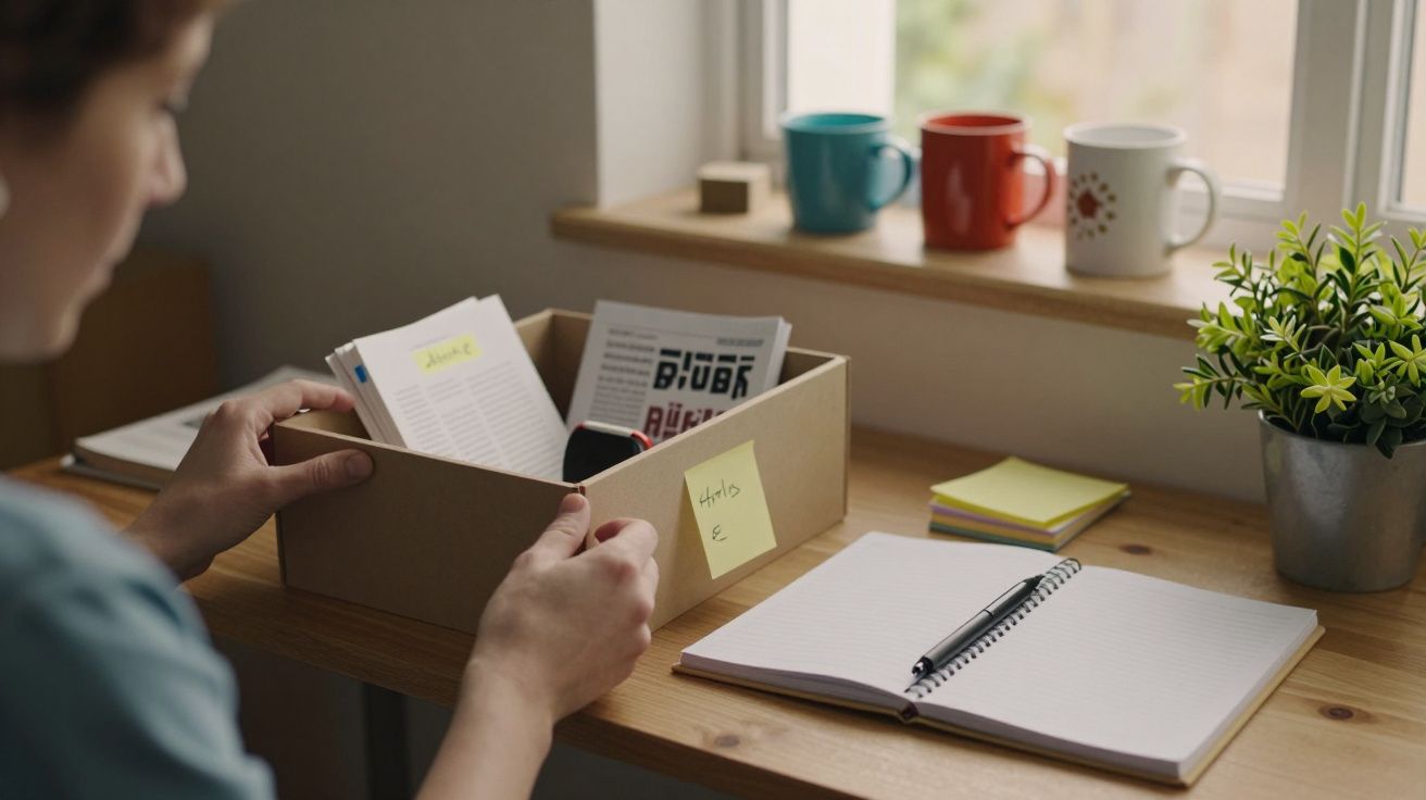 Pessoa organiza papéis em caixa de cartão sobre secretária de madeira com caderno, canecas e planta ao lado.