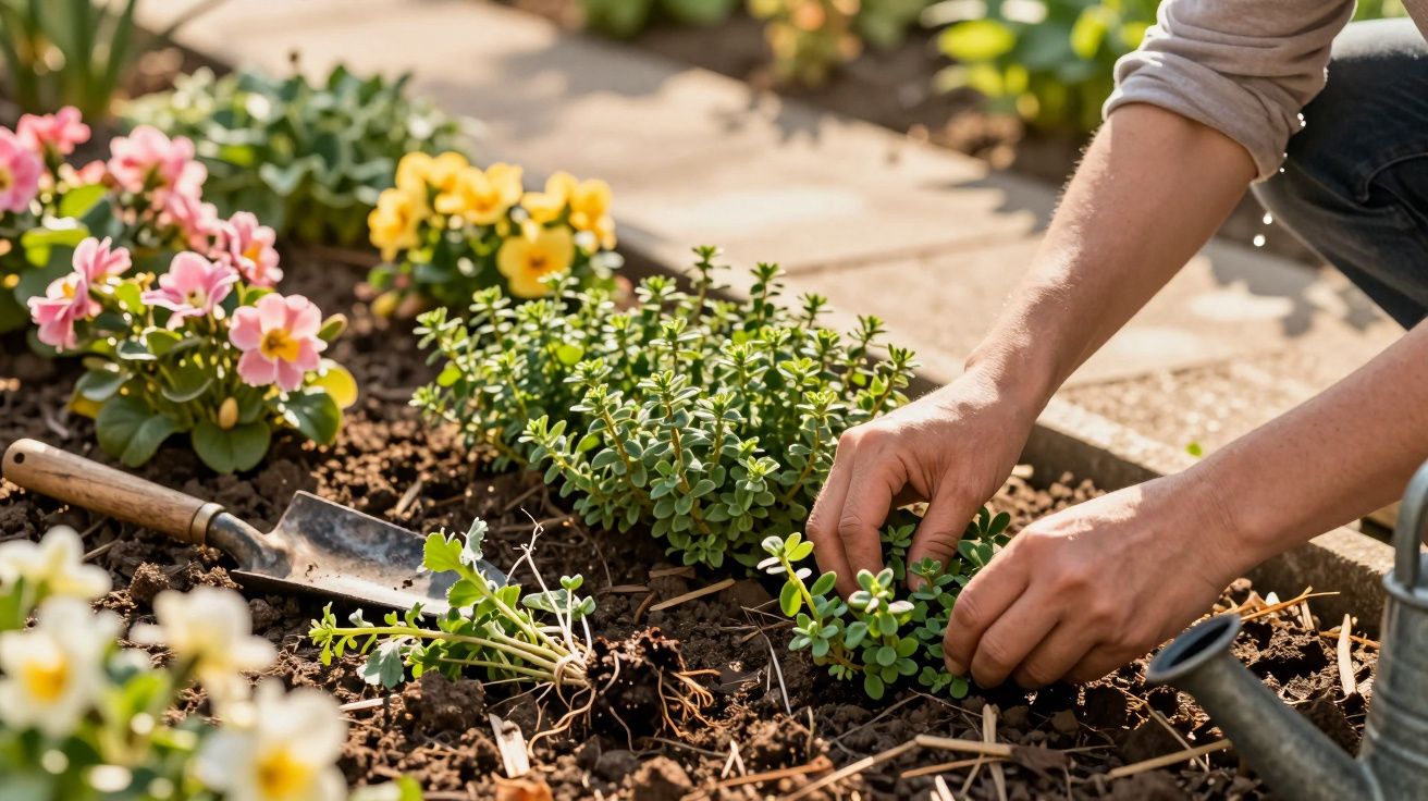 Pessoa a cuidar de plantas num jardim, com flores coloridas e ferramentas de jardinagem no solo.