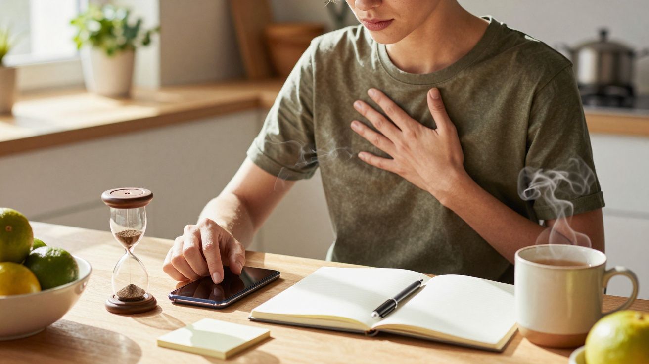 Pessoa em camisola verde, uma mão no peito, outra num telefone, com caderno, ampulheta e chá em mesa com fruta.