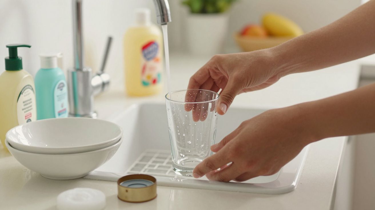 Mãos lavando um copo de vidro sob a torneira aberta, ao lado de louça e detergente na cozinha.