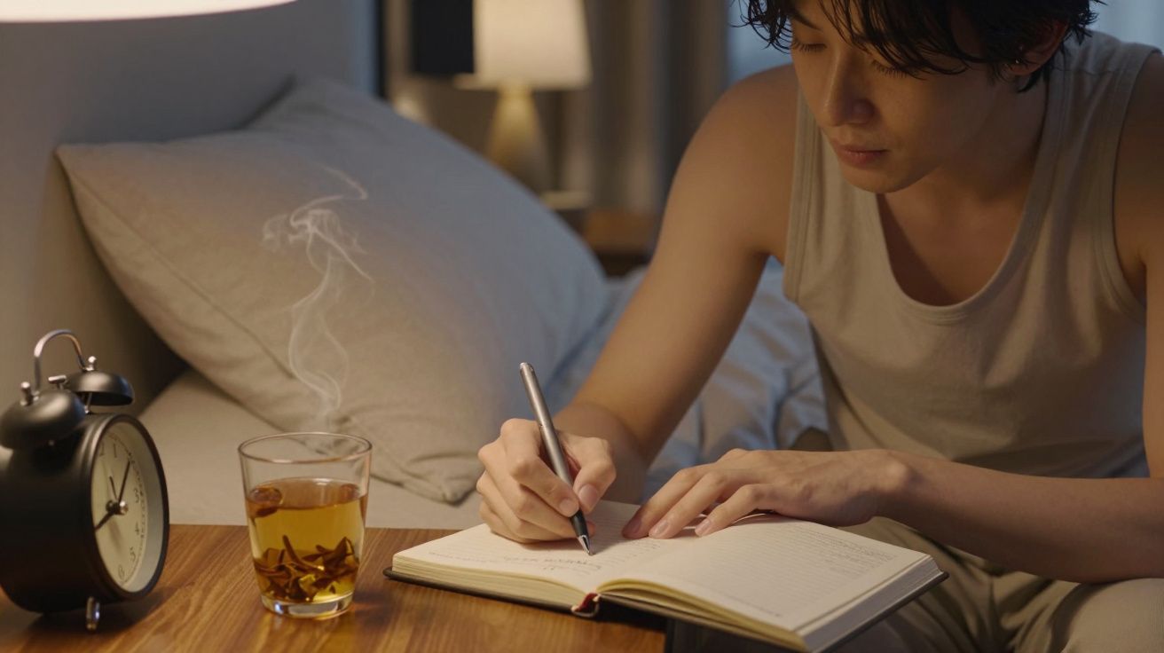 Homem a escrever num caderno à noite, ao lado de um copo com bebida quente e relógio no criado-mudo.