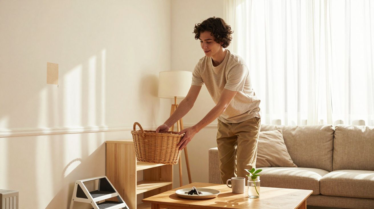 Jovem coloca cesto de vime numa prateleira numa sala iluminada, com sofá, mesa de centro e planta.