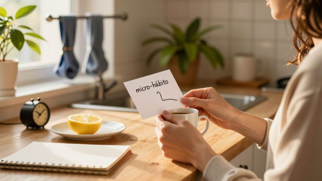 Mulher segura cartão com a palavra "micro-hábito" numa cozinha iluminada, com chávena de chá e limão ao lado.