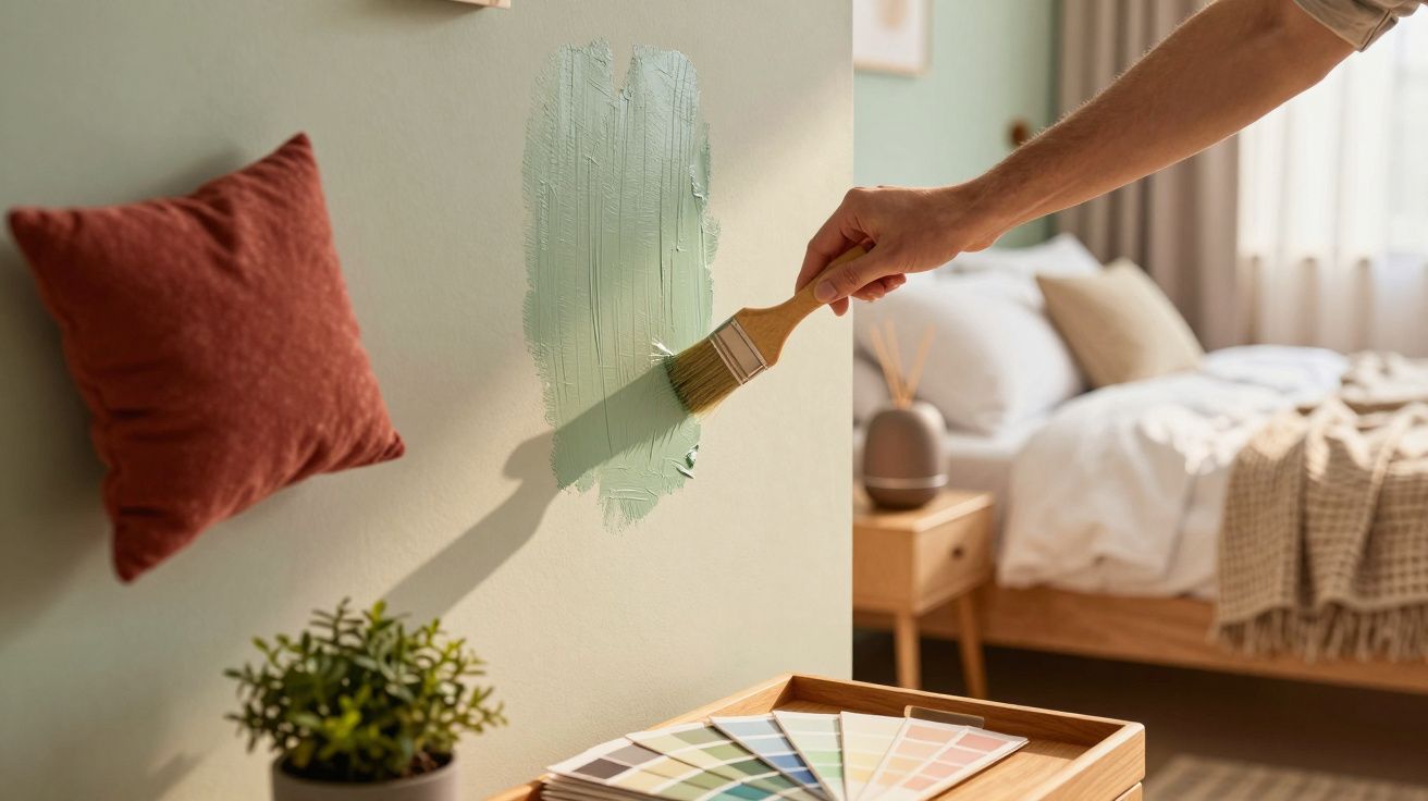 Pessoa a pintar uma parede verde claro no quarto, com amostras de cores e planta ao lado.