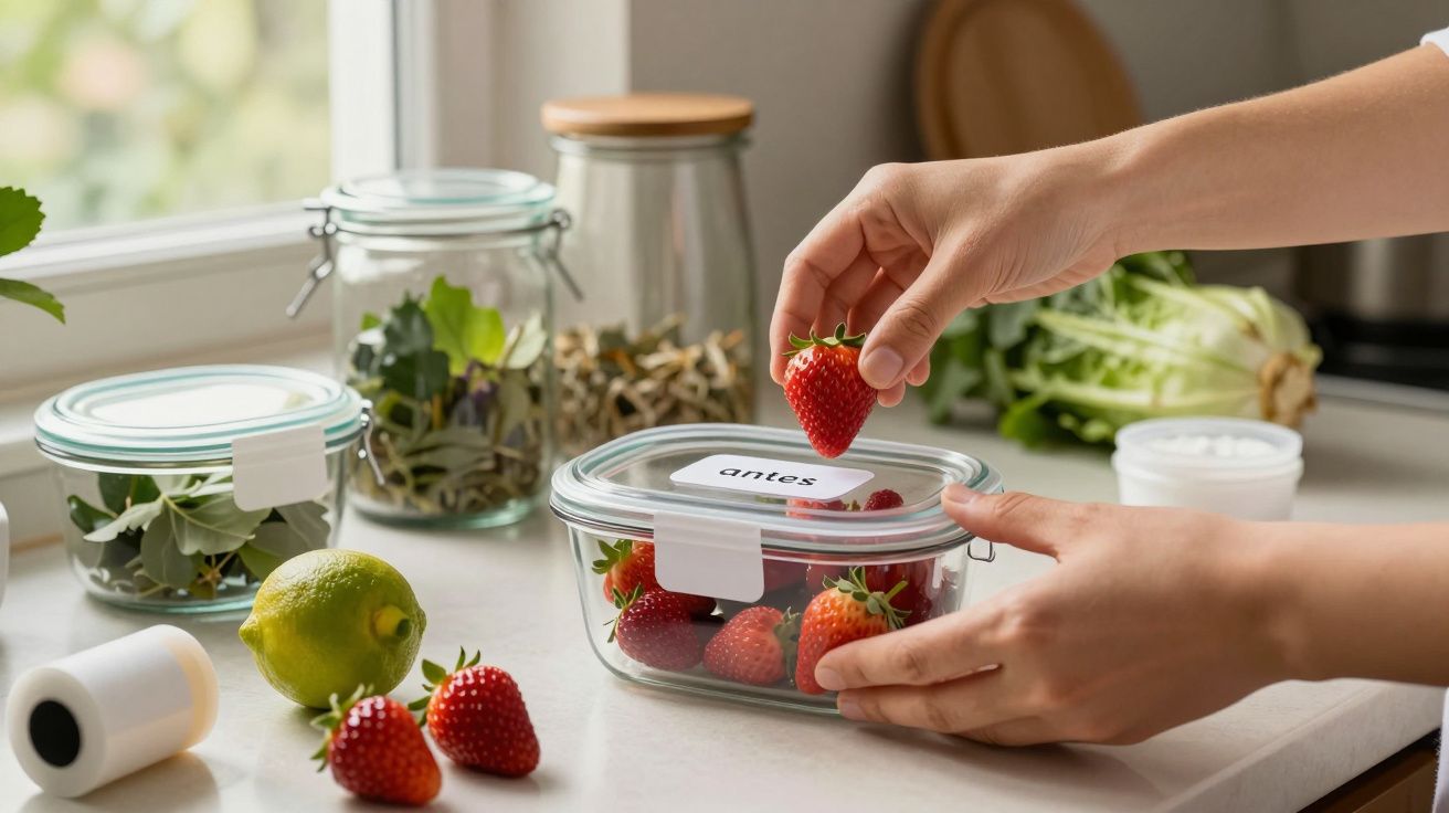 Mãos colocando morangos num recipiente de vidro na cozinha, ao lado de limão e folhas em frascos.