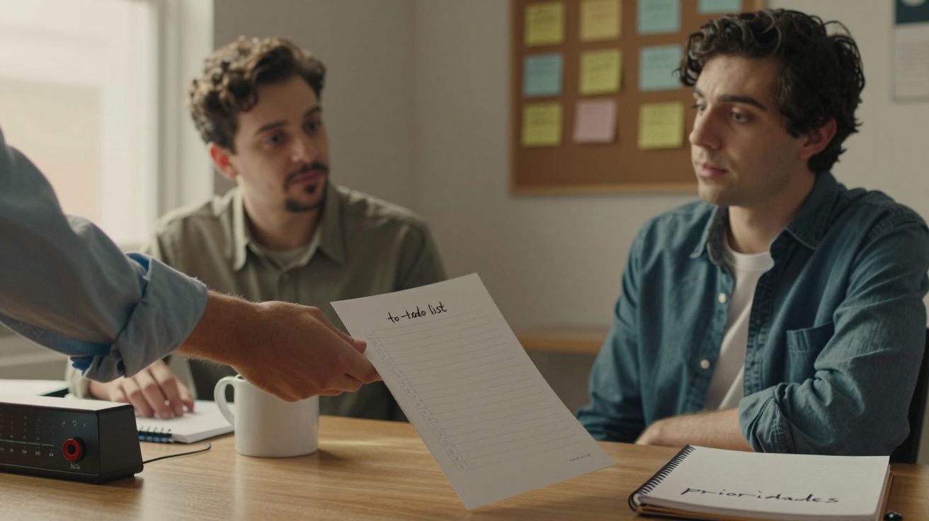 Homem entrega uma lista de tarefas a dois homens numa reunião, com bloco de notas e chávena sobre a mesa.