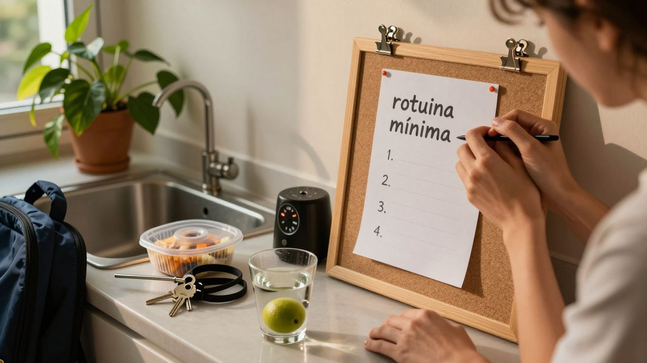 Pessoa escreve numa lista de tarefas em quadro de cortiça numa cozinha com planta, chaves, fruta e mochila.