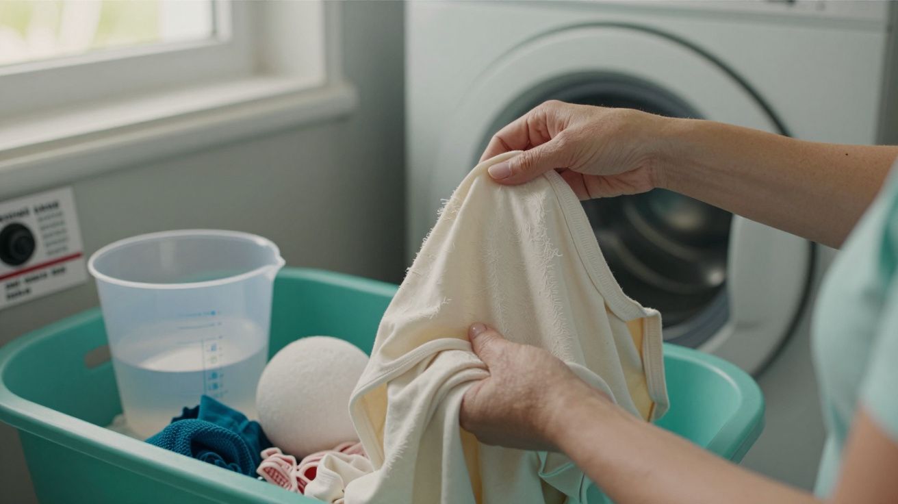 Pessoa segurando peça de roupa branca junto a máquina de lavar e caixa com detergente em pó e outros artigos de lavagem.