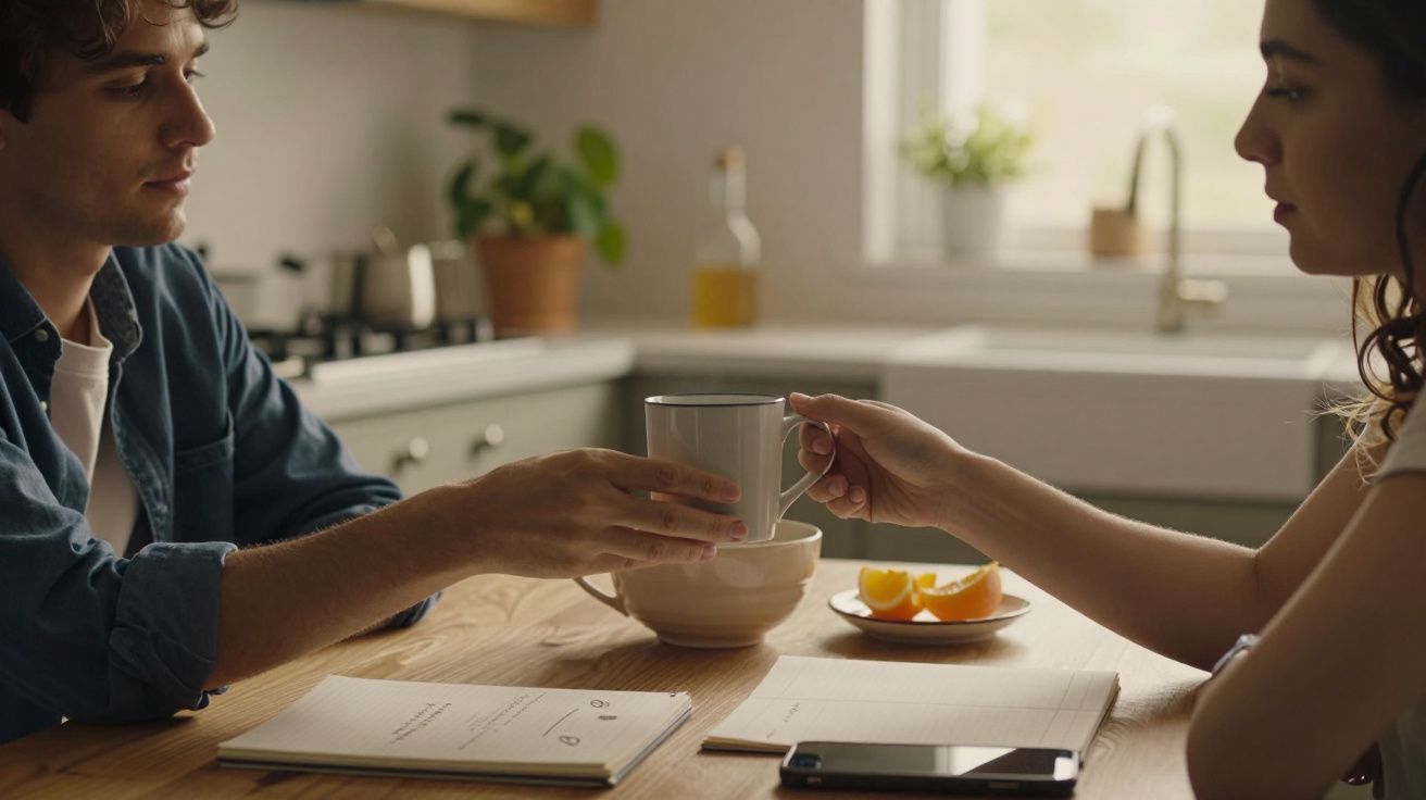 Duas pessoas sentadas à mesa da cozinha, partilhando uma bebida, com documentos e fatias de laranja ao lado.