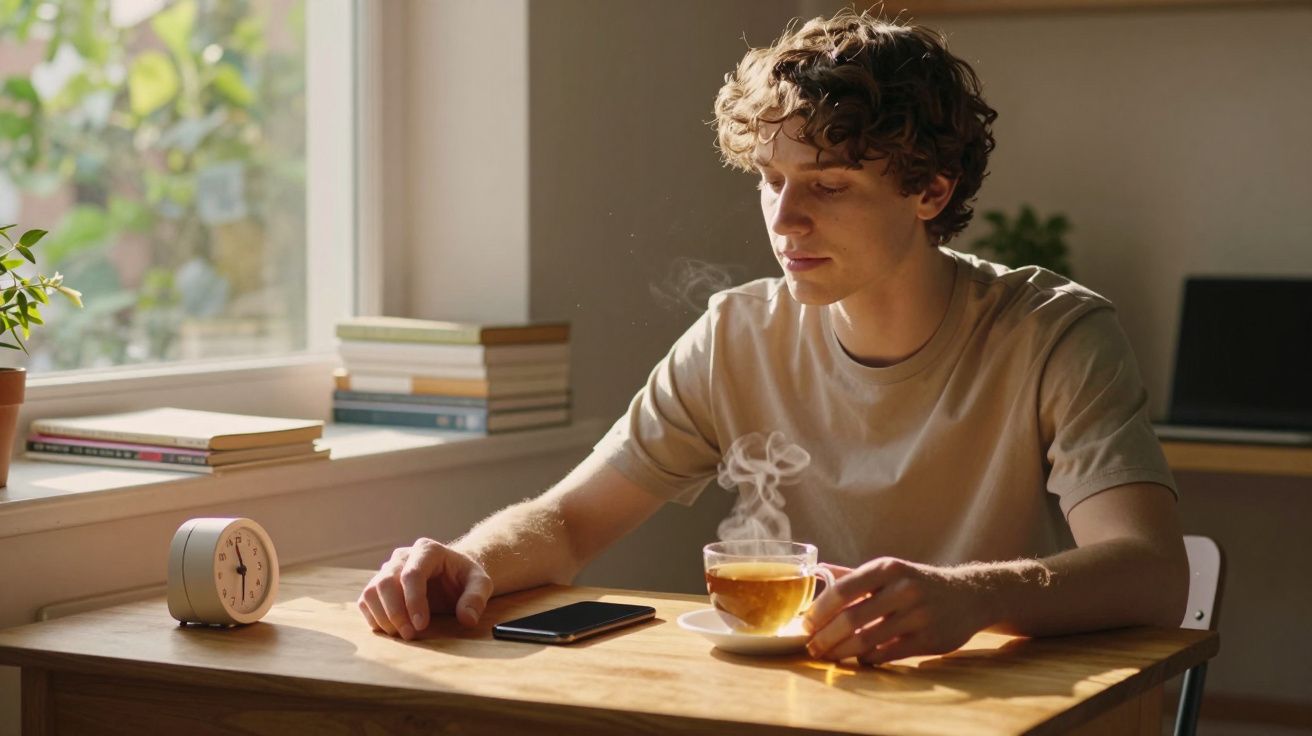 Homem sentado à mesa bebendo chá com vapor, relógio e telemóvel ao lado, luz suave da janela.