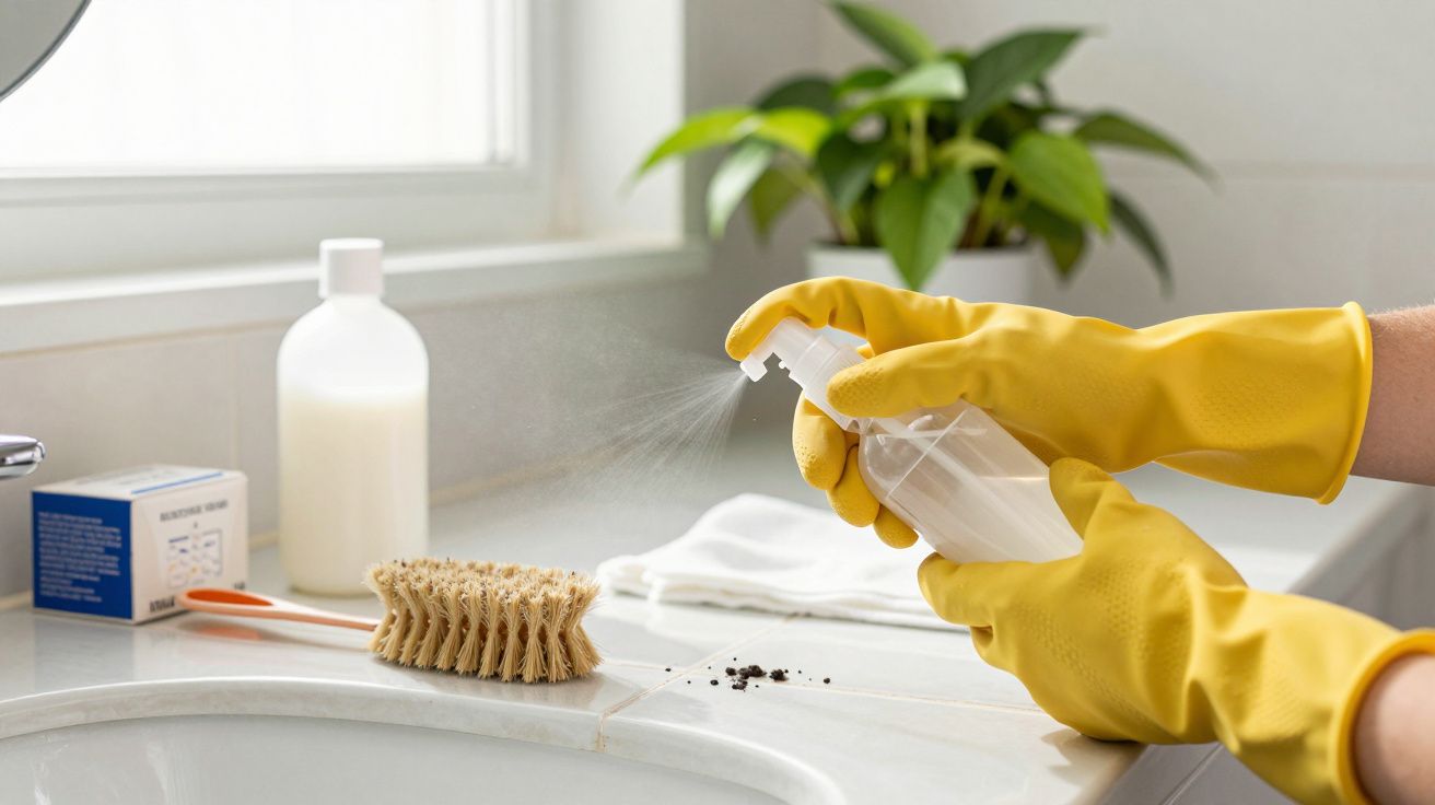 Mãos com luvas amarelas limpam pia com spray, escova e detergente, com planta ao fundo.