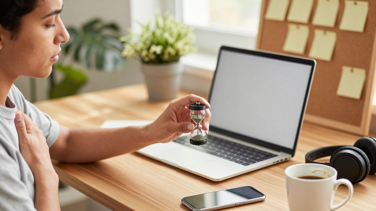 Pessoa segurando ampulheta numa secretária com portátil, auriculares, chávena de café e planta ao fundo.