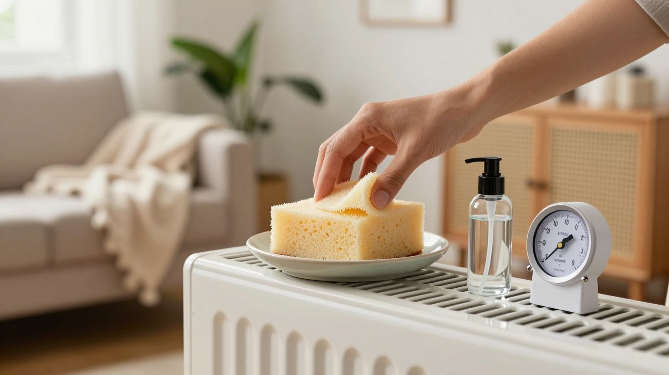 Mão coloca esponja num prato sobre radiador, com garrafa de líquido e termómetro ao lado. Fundo de sala de estar.