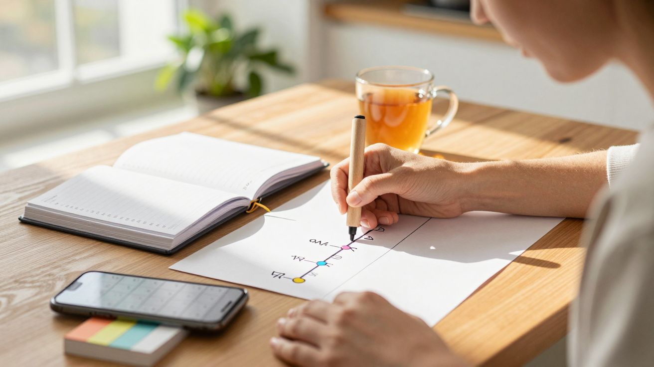 Pessoa escreve num papel sobre uma mesa com um telemóvel, chá e caderno ao lado.