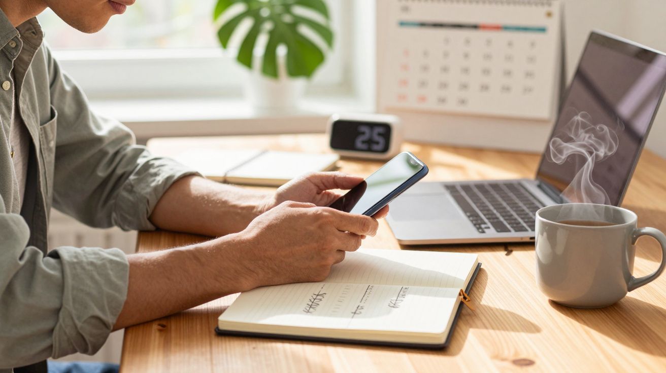Homem usando smartphone na secretária com bloco de notas, portátil, chávena de café e planta sob luz natural.