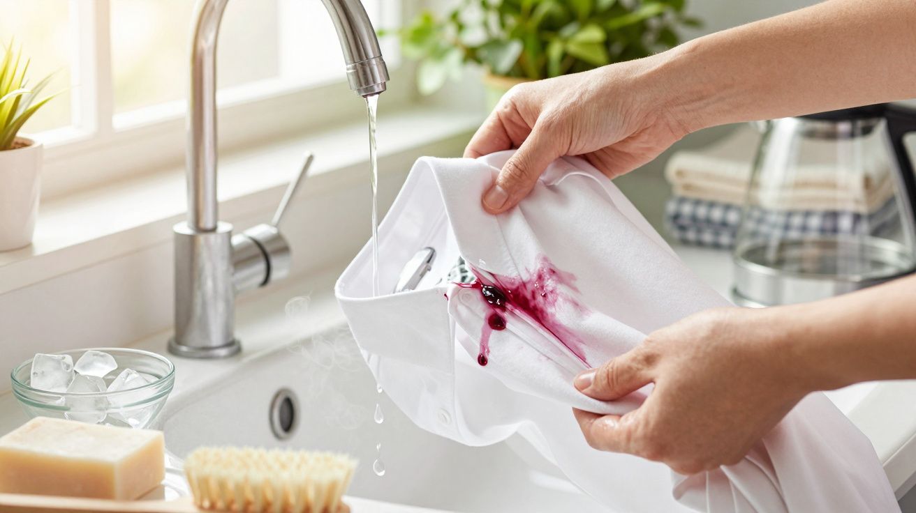 Mãos limpam nódoa de vinho tinto numa camisa branca debaixo de água corrente na cozinha.