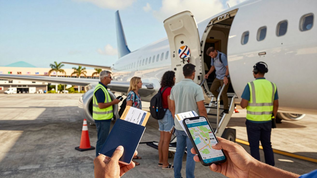 Pessoas a embarcar num avião. Um homem segura passaporte e telemóvel. Equipa vestida com coletes de segurança.