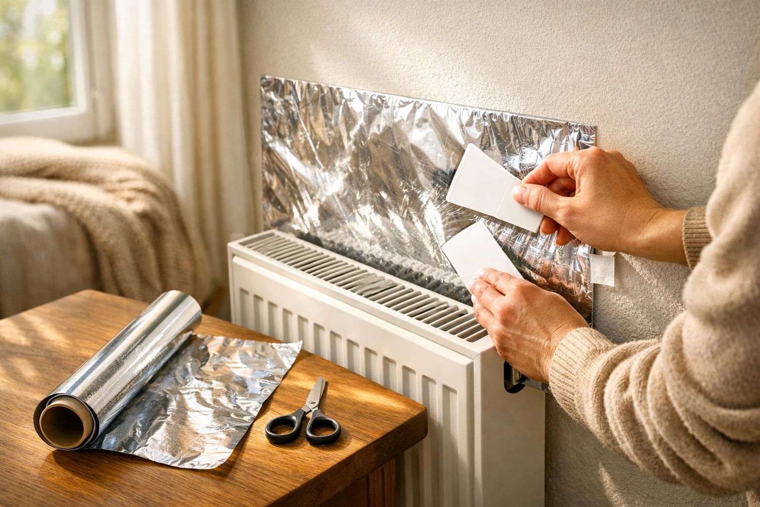 Pessoa instala folha refletora atrás de aquecedor em sala com sofá ao fundo.
