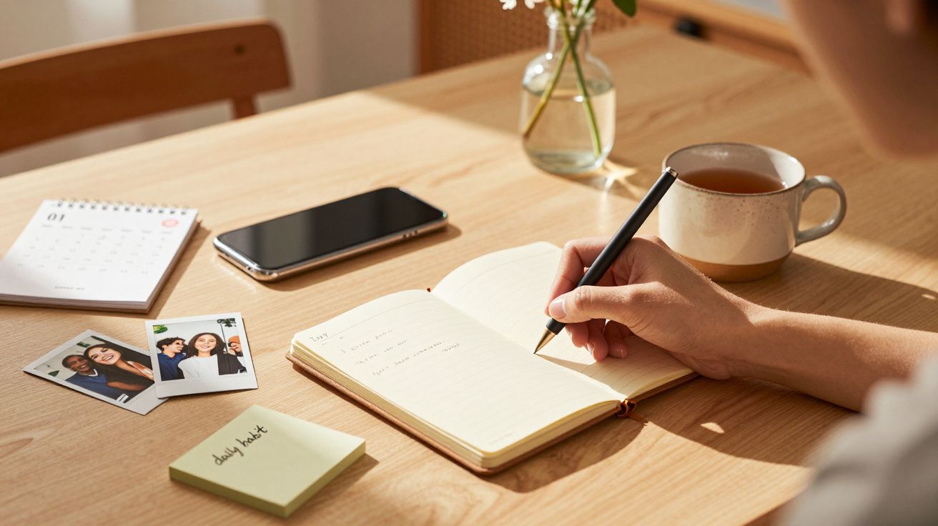 Mesa de madeira com caderno, chá, smartphone, calendários, notas adesivas e fotos. Pessoa escreve no caderno.