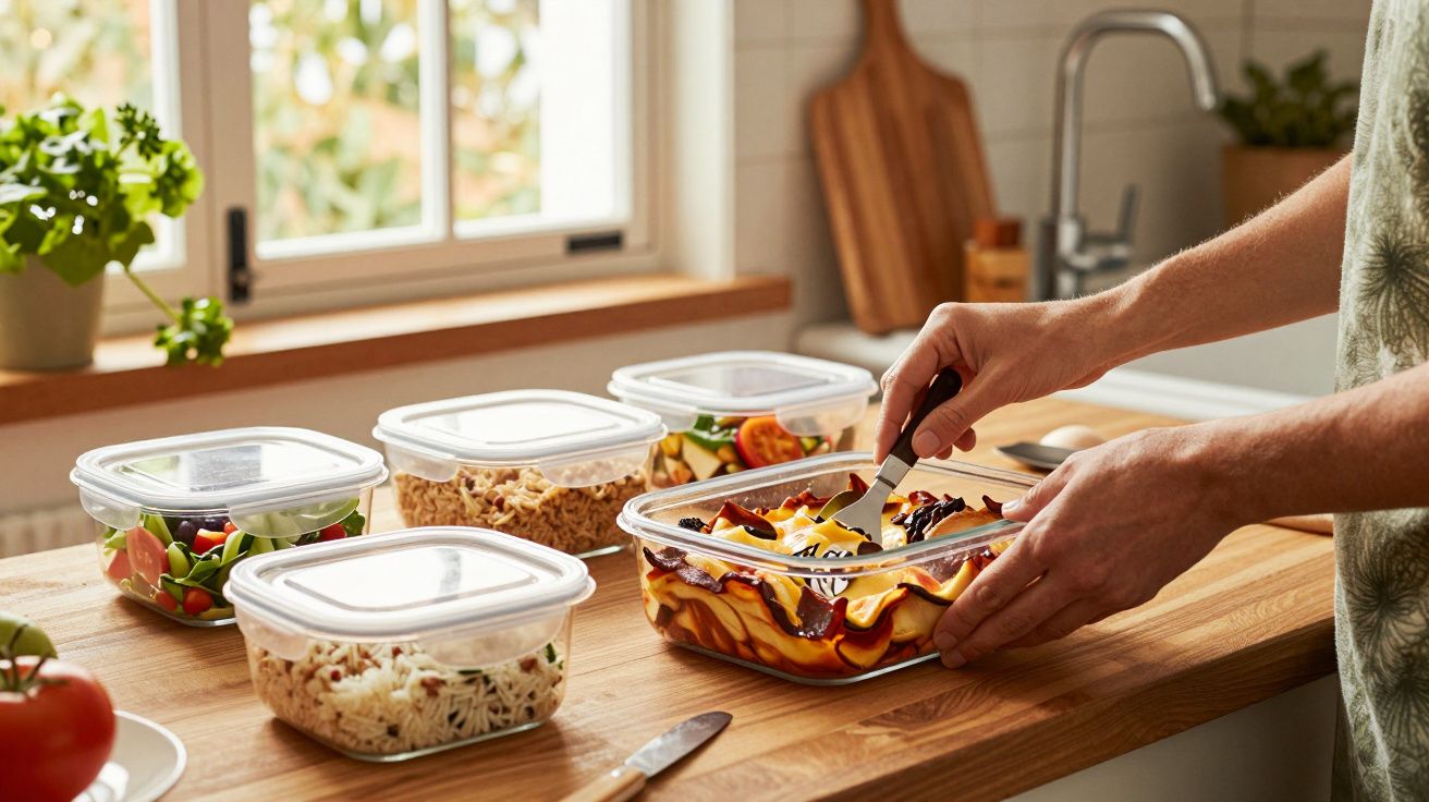 Pessoa a preparar marmitas com alimentos variados em recipientes transparentes numa cozinha iluminada pelo sol.