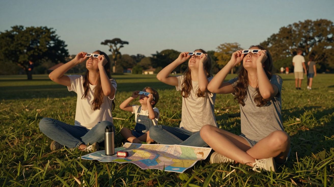 Grupo de quatro pessoas sentadas na relva, usando óculos especiais, olhando para o céu, com mapas no chão.