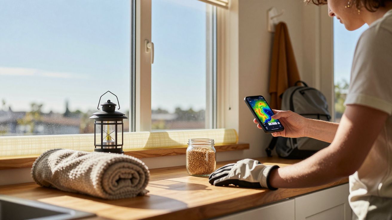 Pessoa usa smartphone com imagem térmica ao lado de janela, com lanterna, jarro de grãos e toalha enrolada na bancada.