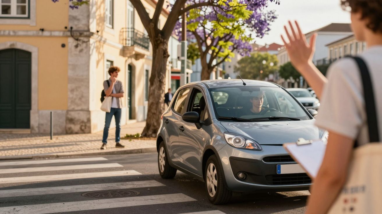 Pessoa levanta a mão para um carro cinzento numa passagem de peões, com árvores e edifícios ao fundo.