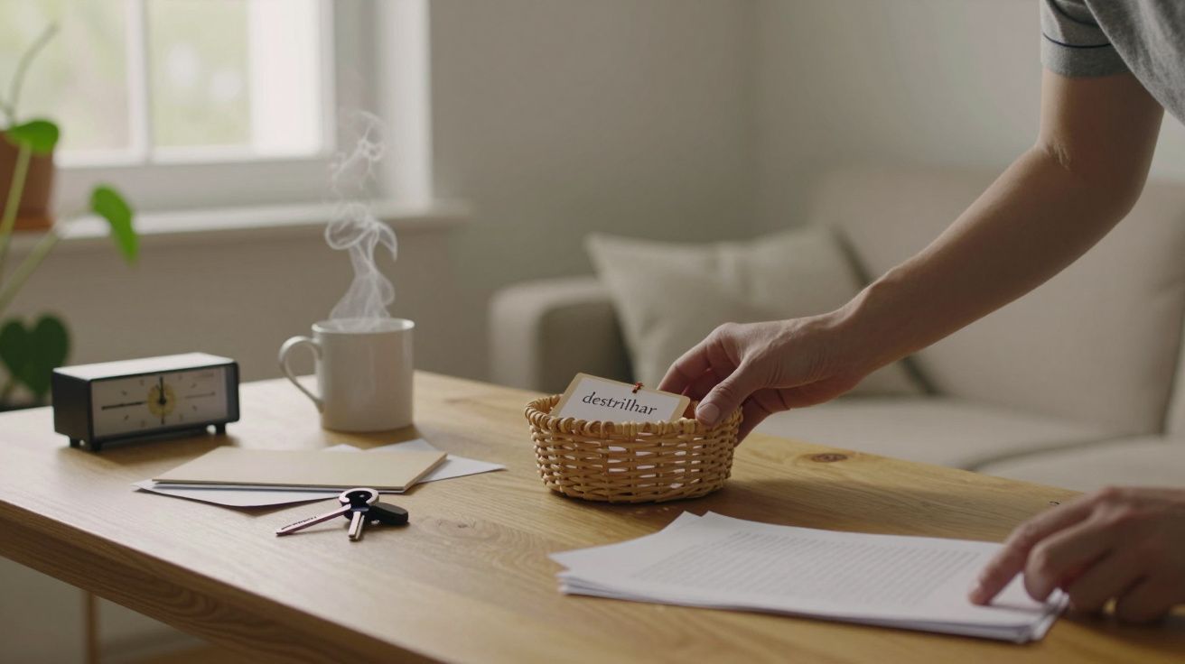 Mesa com chávena fumegante, relógio, chaves, papéis e cesto de vime. Mão a pegar em cartão.