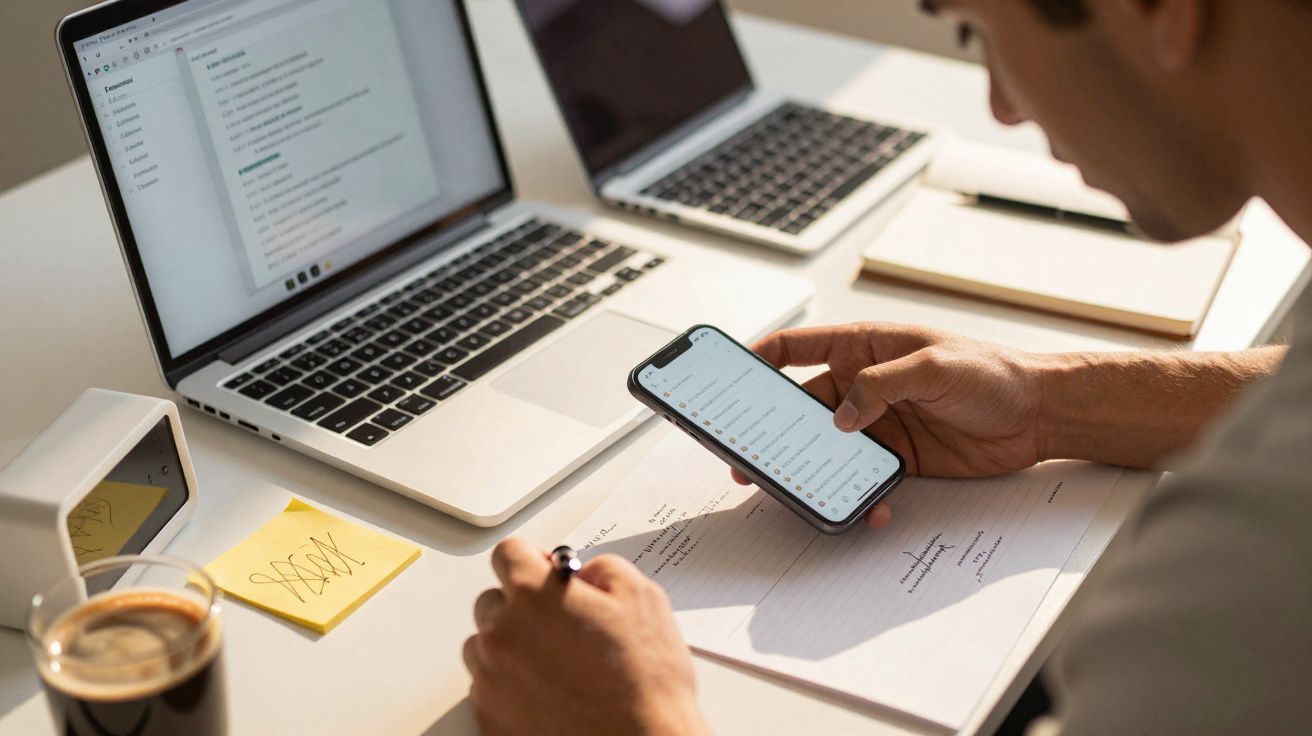 Homem a trabalhar num portátil, a segurar um telemóvel na mão e a escrever num papel, com café ao lado.
