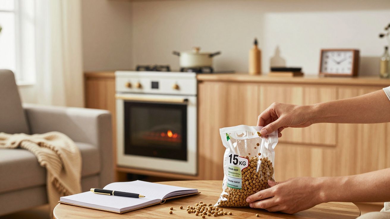 Pessoa despejando comida de cão num recipiente, com um forno ao fundo numa cozinha moderna.