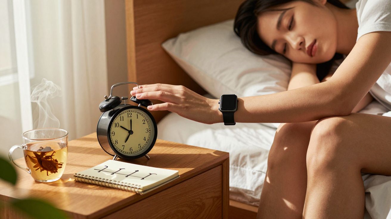 Mulher sonolenta desliga despertador no lado da cama, com chá e caderno na mesa de cabeceira.