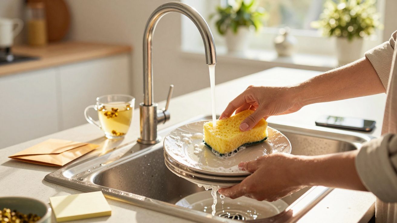 Pessoa a lavar pratos à mão na cozinha, com uma esponja amarela sob água corrente da torneira.