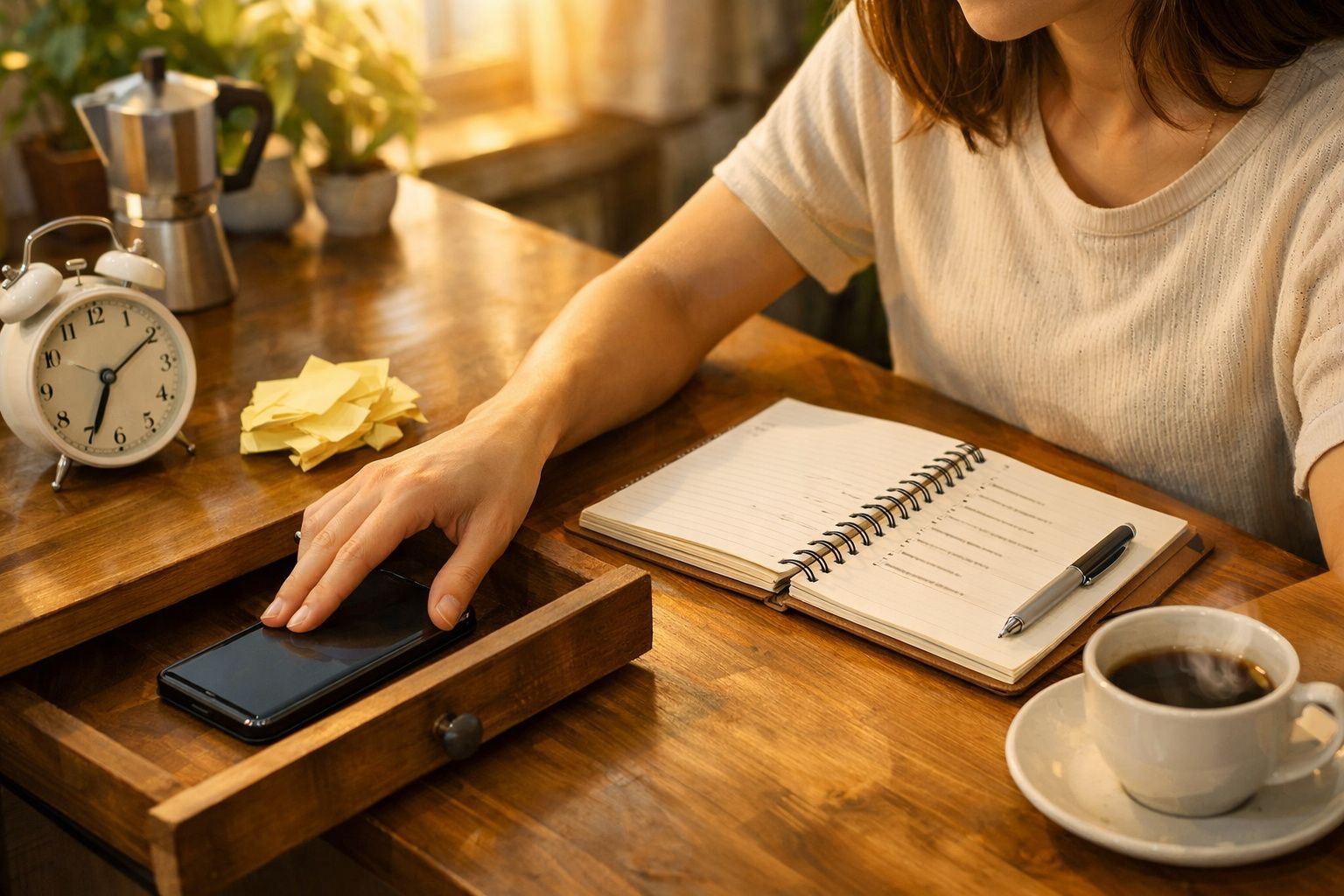 Pessoa segura telemóvel e caneta, com caderno, café, laranjas e relógio sobre a mesa na cozinha iluminada.