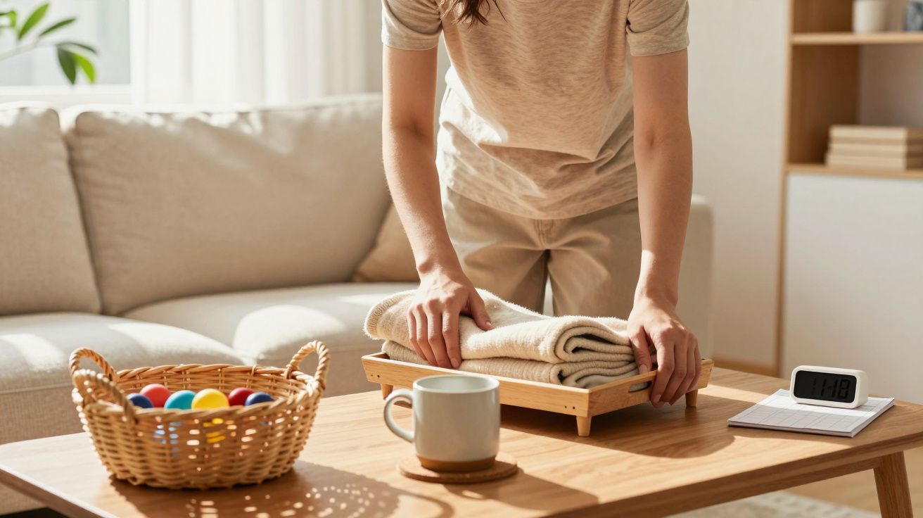 Pessoa organizando toalhas numa mesa de madeira, com uma chávena, relógio digital e cesto com bolas coloridas.
