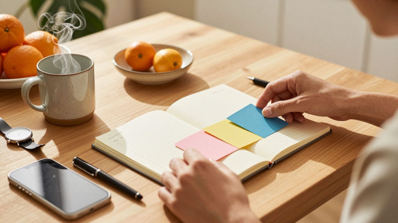Pessoa organiza notas coloridas num caderno sobre a mesa com frutos, chávena de chá, e telemóvel.
