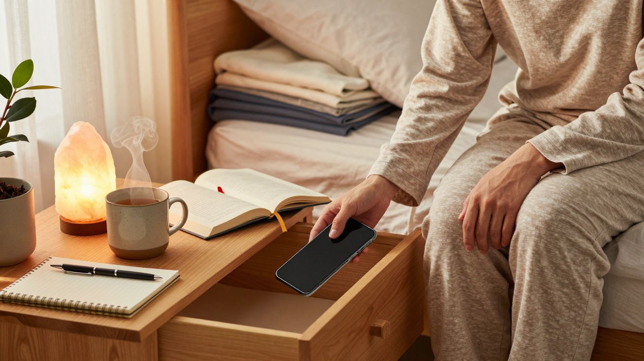 Pessoa em pijama coloca telemóvel na gaveta ao lado de uma cama, com chávena, livro aberto e candeeiro de sal.
