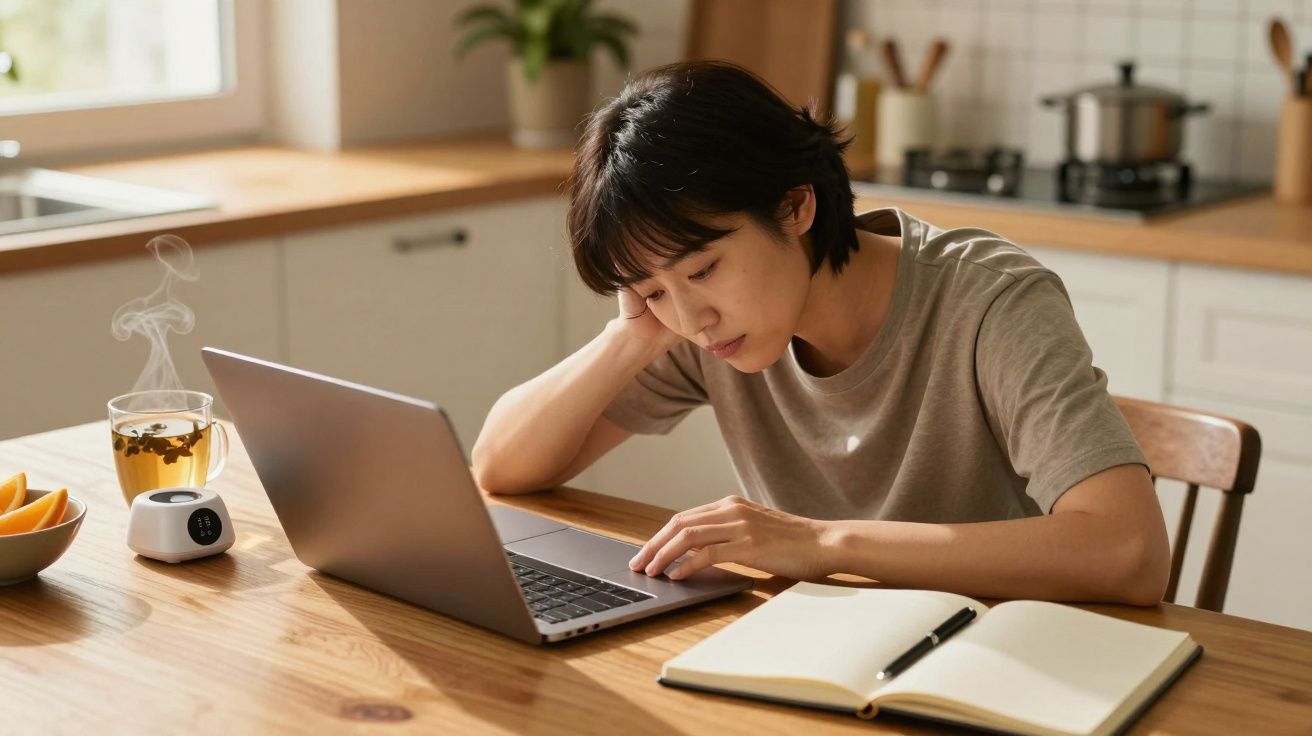 Mulher cansada em frente a um portátil numa cozinha, com chá e caderno abertos na mesa.