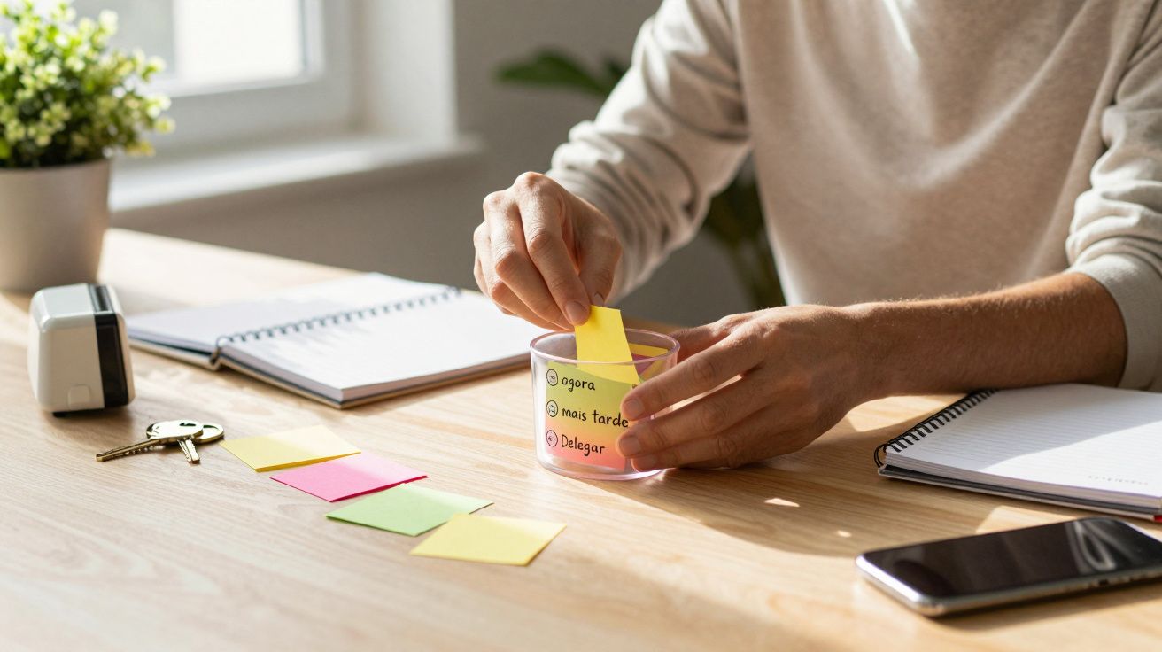 Pessoa organiza post-its coloridos numa mesa com caderno, telemóvel e copo etiquetado com "agora", "mais tarde" e "delegar".