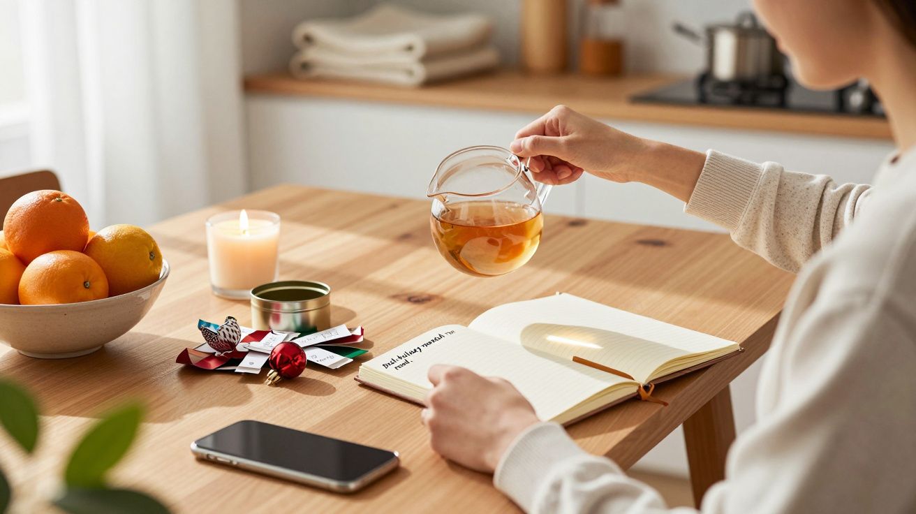 Pessoa serve chá com um bule de vidro numa mesa de madeira, ao lado de caderno aberto, frutas e vela acesa.