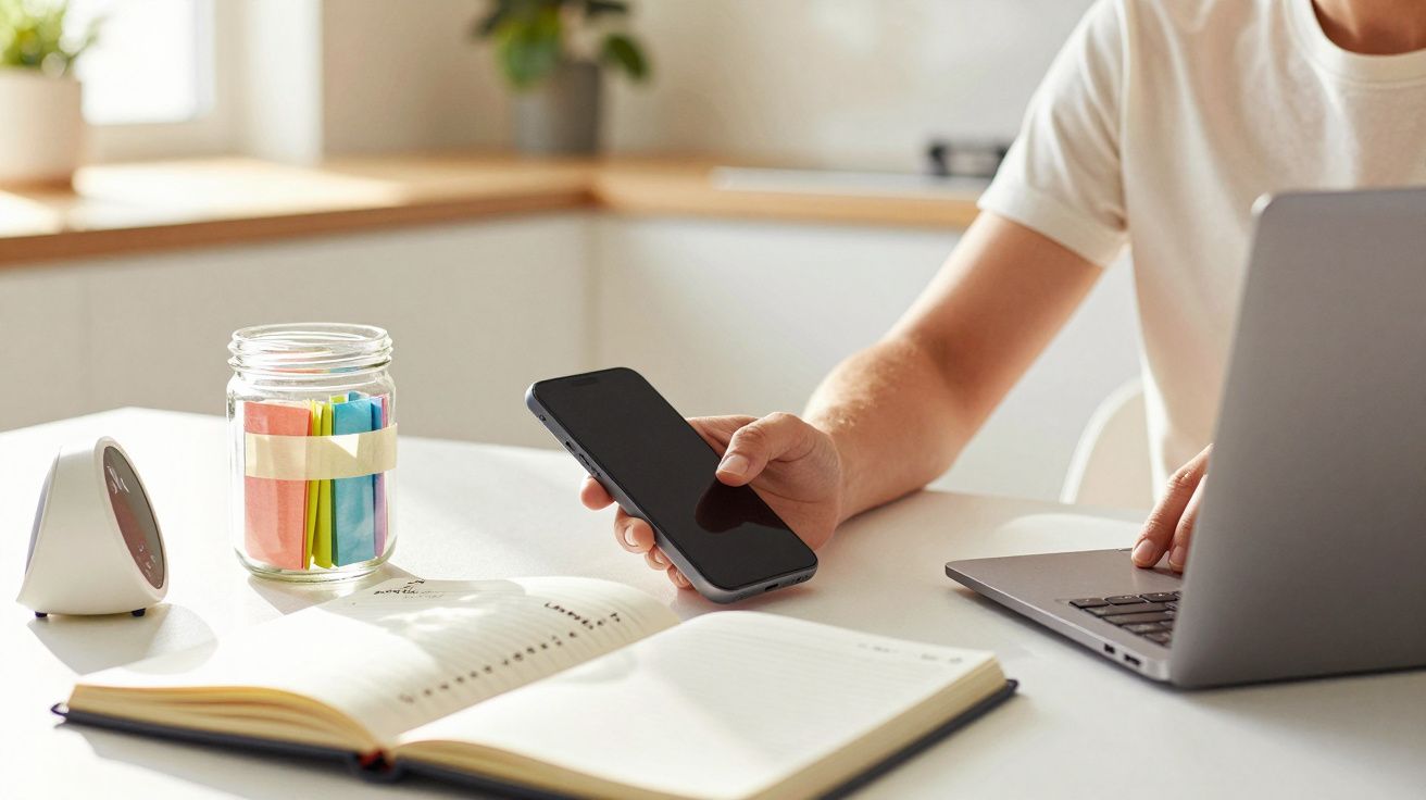 Pessoa usando portátil e telemóvel numa mesa com jarro de post-its e caderno aberto, num ambiente luminoso.