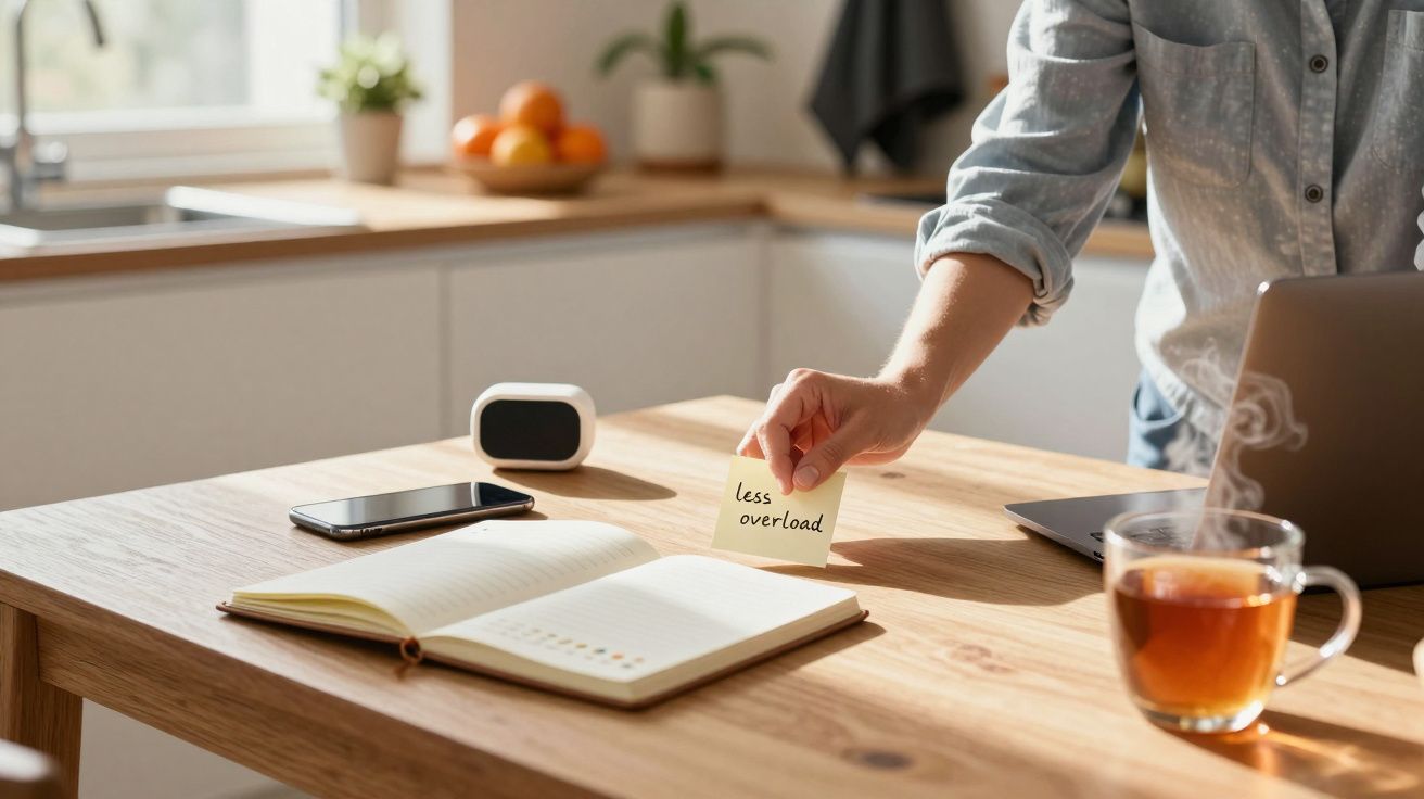 Pessoa segura nota "less overload" numa cozinha, com chávena, caderno, smartphone e relógio sobre a mesa.
